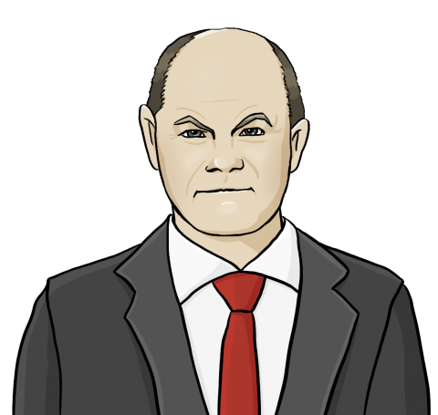 Eine Zeichnung von Olaf Scholz mit Stirnglatze. Er trägt Anzug und eine rote Krawatte.