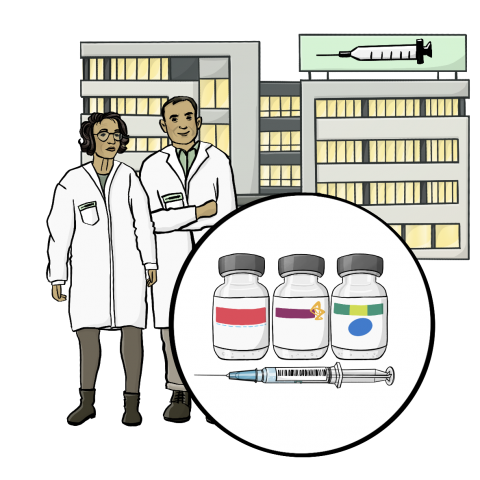 Zeichnung von 2 Menschen vor einer Firma, die Impfstoff herstellt.
