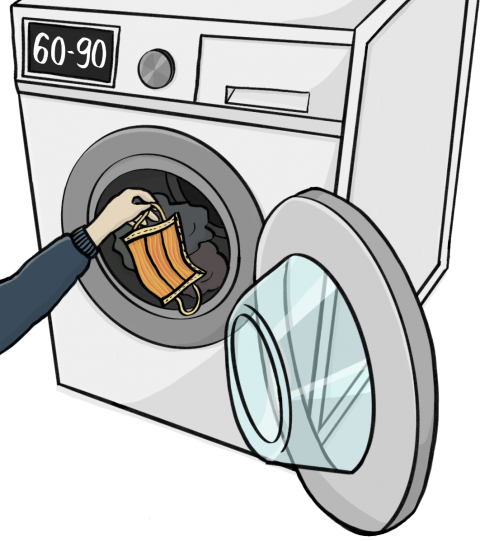 Eine Hand legt eine Maske in eine Waschmaschine