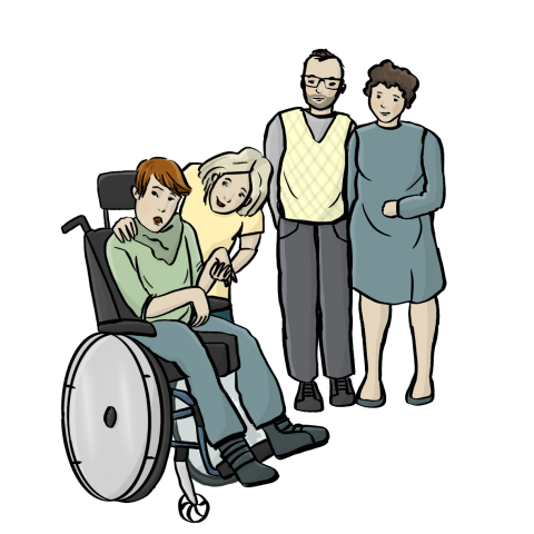 Eine Familie mit 4 Familienmitgliedern. Eines der Familienmitglieder sitzt im Rollstuhl.