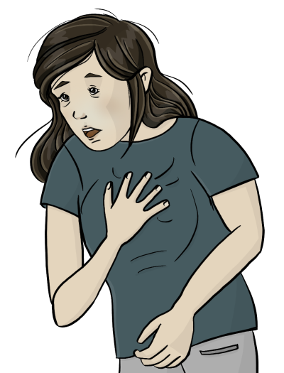 Eine Frau mit Atemnot legt sich die Hand auf den Brustkorb.