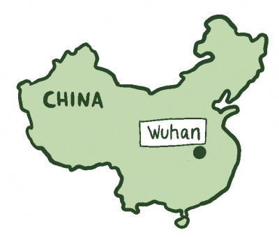 Karte Chinas mit Kennzeichnung der Stadt Wuhan.