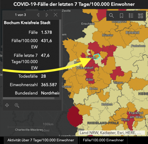 Landkarte von Deutschland: Ein Pfeil  zeigt auf ein Gebiet mit orangener Farbe.