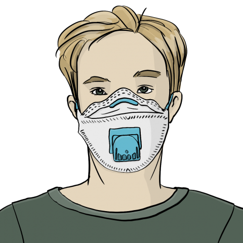 Ein Mann trägt eine medizinische Maske mit einem Filter in der Mitte.