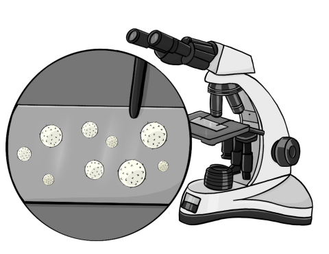 Zeichnung von einem Mikroskop. Die Abwehrstoffe gegen das Corona-Virus sind vergrößert gezeichnet.