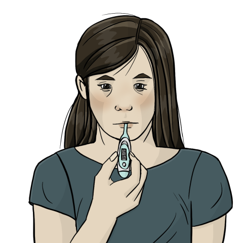 Eine Frau hält ein Fieberthermometer, das in ihrem Mund steckt. Die Frau blickt nach vorne.