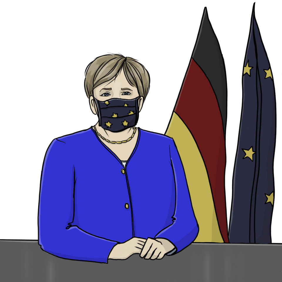 Angela Merkel mit Gesichtsmaske vor einer deutschen und einer europäischen Flagge. Auf ihrer Maske sind europäische Sterne.