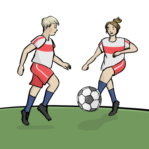 Ein Mann und eine Frau in Trikots spielen Fußball.