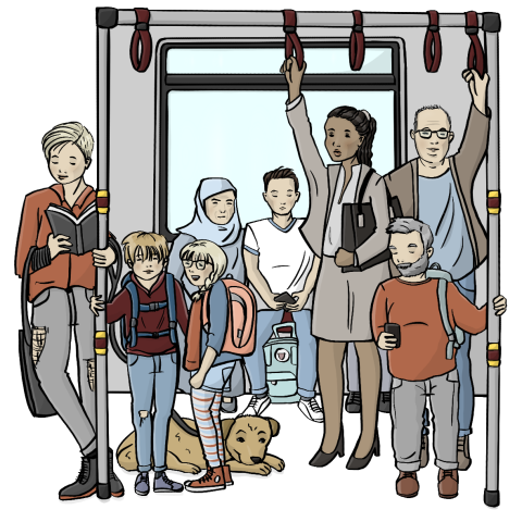 Viele verschiedene Menschen sitzen und stehen in einer U-Bahn. Niemand trägt eine Maske.