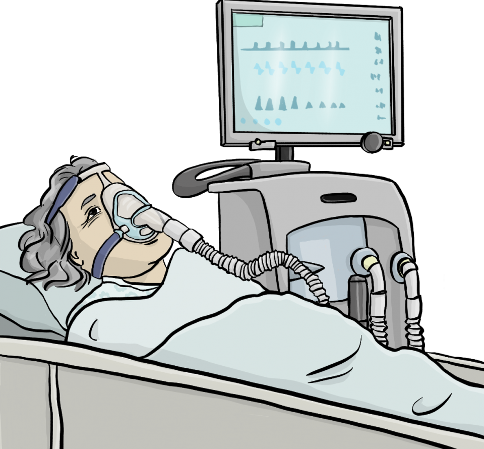 Ein Mensch mit einer Betanmungsmaske im Bett eines Krankenhauses liegend. Ein Monitor steht neben dem Bett.
