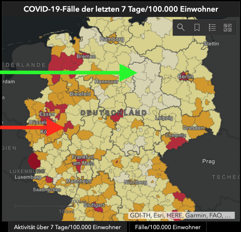 Screenshot der Internetseite Dashboard vom Robert-Koch-Institut: Man sieht die Karte von Deutschland mit eingezeichneten Risikogebieten.