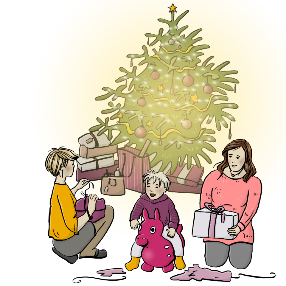 3 Personen packen unter einem beleuchteten Weihnachtsbaum Geschenke aus.