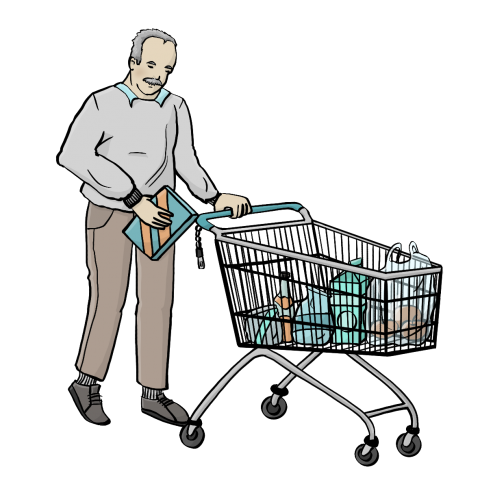 Ein grauhaariger Mann mit Schnauzer schiebt einen Einkaufswagen. In der Hand hält er eine Schachtel.