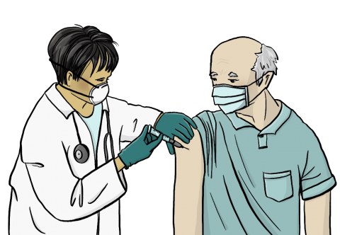 Zeichnung: Eine Frau impft einen alten Mann. Der Mann bekommt eine Spritze in den Oberarm. Beide tragen einen Mundschutz.