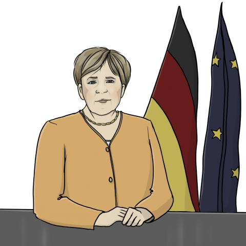 Zeichnung von Angela Merkel. Sie sitzt an einem Tisch. Die Hände sind auf der Tischplatte gefaltet. Im Hintergrund eine Deutschland Fahne und die Fahne von der EU.