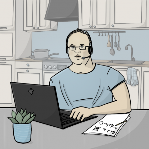 Zeichnung von einem Mann mit Headset am Laptop. Er sitzt in einer Küche. Der Mann arbeitet zu Hause.