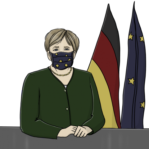 Angela Merkel sitzt vor einer deutschen und einer europäischen Flagge. Sie trägt einen moosgrünen Blazer und eine Gesichtsmaske mit Europa-Sternen.