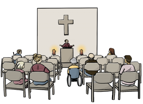 Ein Pfarrer steht an einem Altar, über dem ein großes Kreuz hängt. Es sind nur wenige Sitzplätze in der Kirche besetzt.