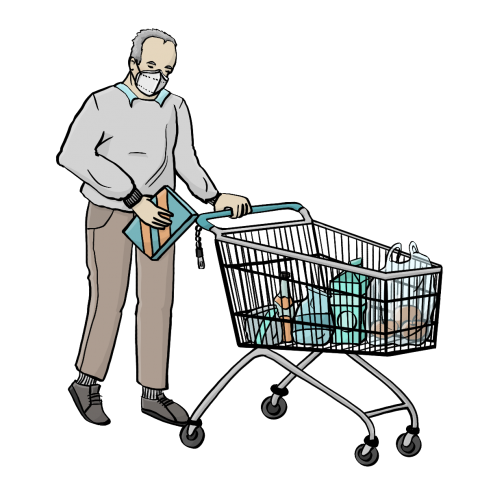Ein älterer Mann mit FFP2-Maske schiebt einen Einkaufswagen.