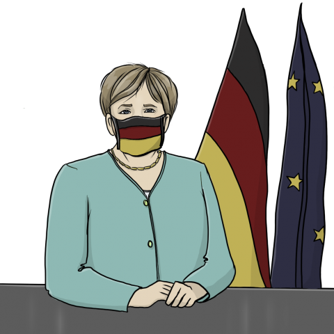 Angela Merkel sitzt vor 2 Flaggen, einer deutschen und einer europäischen. Sie trägt einen tükisfarbenen Blazer und eine Maske mit Europa-Sternen.