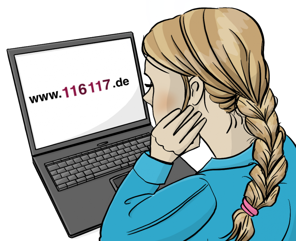 Eine Person blickt auf einen Laptop. Auf dem Bildschirm die Internetseite www.116117.de.