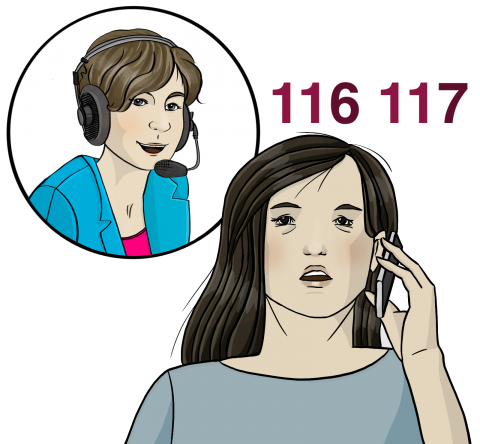 Eine Frau hält ein Telefon ans Ohr. Eine andere Frau mit Headset ist am Apparat. Die Telefonnummer 116117 ist neben der Frau mit Headset abgebildet.