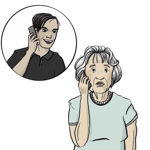 Eine ältere Frau mit kinnlangen grauen Haaren telefoniert mit einem Mann mit grimmigem Gesicht.
