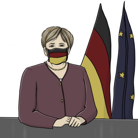 Angela Merkel in einem brombeerfarbenen Blazer vor 2 Flaggen, der deutschen und der europäischen. Sie trägt eine Maske in den Farben der deutschen Flagge.