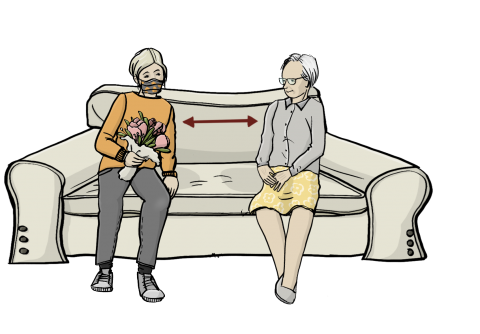 Eine junge Frau mit Blumenstrauß und ein alter Mann sitzen auf einem Sofa.