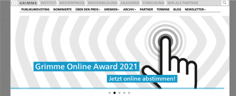Ein gezeichneter Finger und ein Schriftzug zur Abstimmung des Publikumspreises zum Grimme Online Award 2021