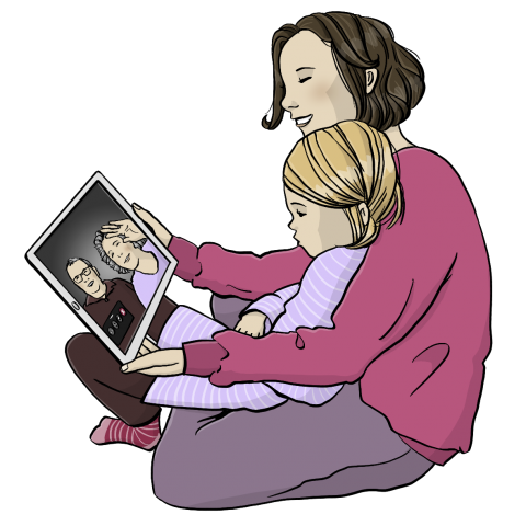 Eine Frau hält ein Kind auf dem Schoß. Beide schauen auf ein Tablet mit den Großeltern.