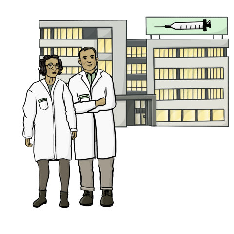 Ein Wissenschaftler und eine Wissenschaftlerin im Kittel vor einer Firma