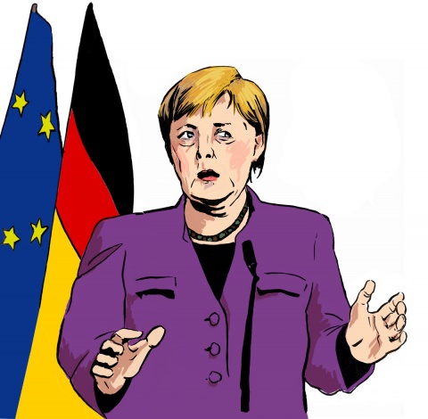 Angela Merkel steht vor einer deutschen und einer europäischen Flagge und gestikuliert mit den Händen.