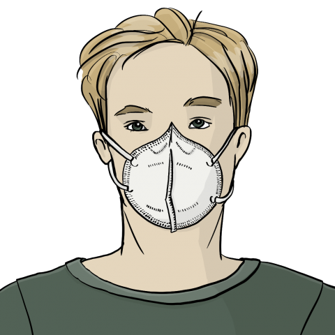 Zeichnung eines blonden Mannes mit einer FFP2-Maske