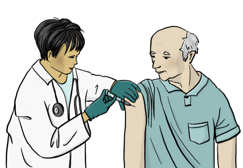 Eine Ärztin im weißen Kittel impft einen alten Mann mit Halbglatze.
