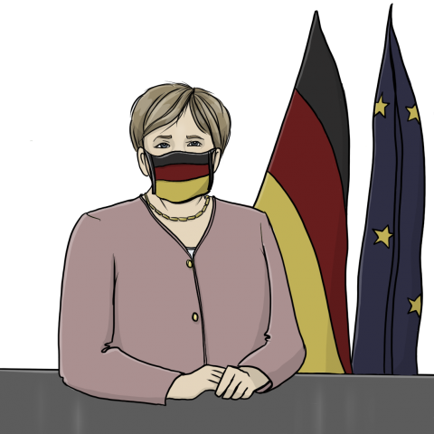 Angela Merkel in einem lilanen Blazer mit Maske vor einer Deutschland- und einer Europaflagge.