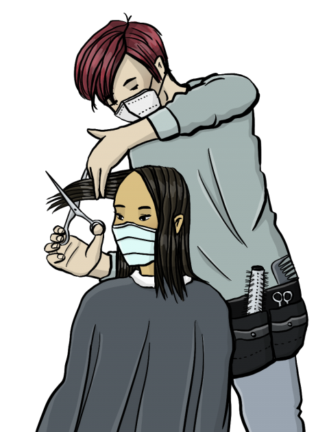 Zeichnung einer Frau, die die Haare geschnitten bekommt. Beide Personen tragen dabei eine Maske.
