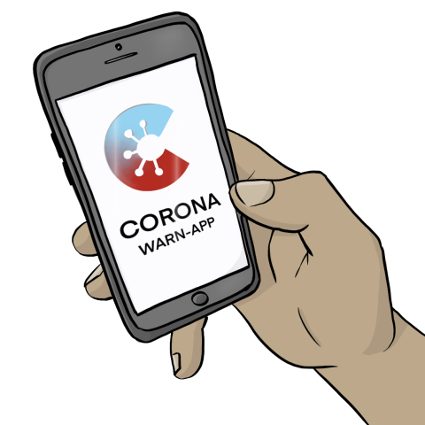 Eine Person hält ein Handy mit einer Corona-Warn-App in der Hand.