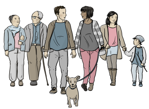 Eine Gruppe von Menschen geht zusammen mit einem Hund spazieren.