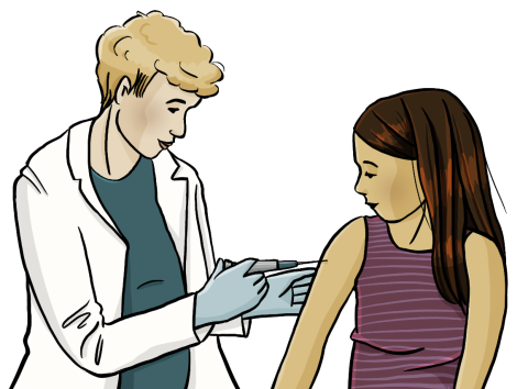 Zeichnung einer Ärztin im weißen Kittel, die Ein Mädchen gegen Corona impft. Das Mädchen bekommt eine Spritze mit Impfstoff in den Oberarm.