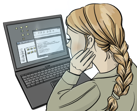 Eine Frau mit geflochtenem Zopf sitzt vor einem Laptop, an dem mehrere Fenster geöffnet sind.