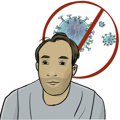Ein Mann mit Dreitagebart. Hinter ihm sieht man mehrere durchgestrichene Corona-Viren.