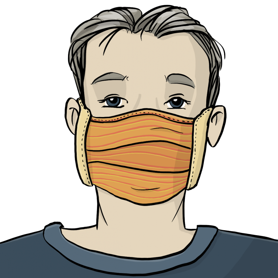 Ein männliches Gesicht, Verborgen hinter einer selbstgenähten Mund-Nase-Abdeckung aus gemustertem Stoff.