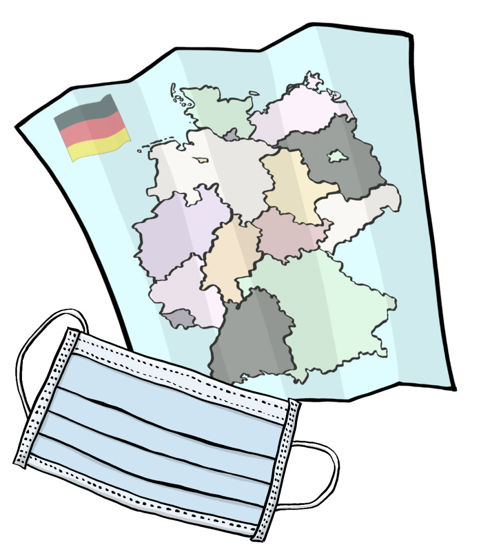 Karte  der Bundesländer in Deutschland. Davor liegt eine Mund-Nasen-Abdeckung