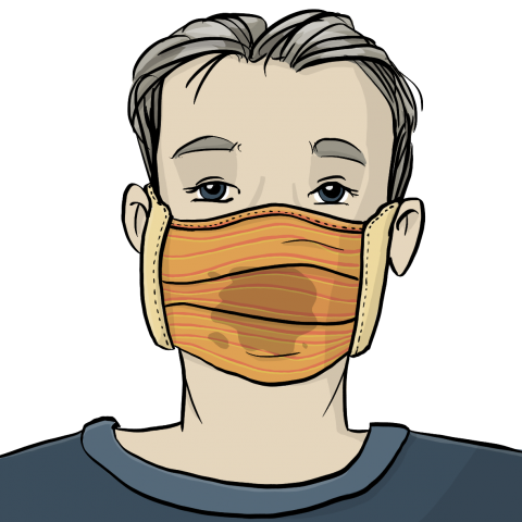 Ein Mann mit einer Mund-Nase-Abdeckung aus Stoff. Vor dem Mund ist die Maske feucht.