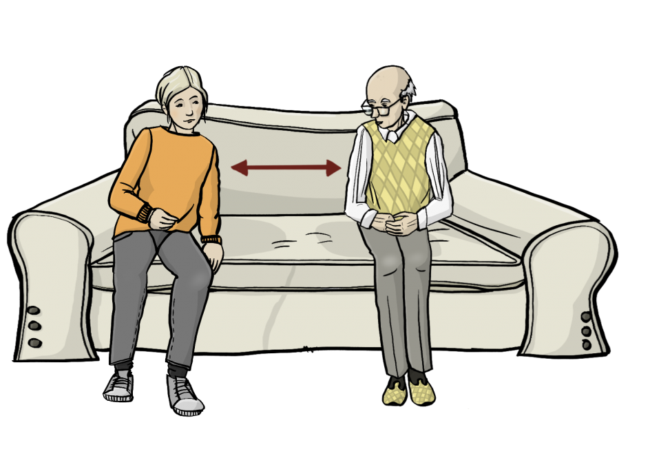 Ein alter Mensch und ein junger Mensch sitzen auf einem Sofa. Zwischen den beiden Personen ist Abstand. Ein Pfeil ist zwischen die Personen gezeichnet. Der Pfeil kennzeichnet die Abstandsregel.