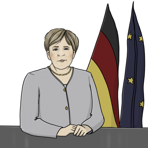 Angela Merkel sitzt vor 2 Flaggen: Der deutschen und der europäischen.