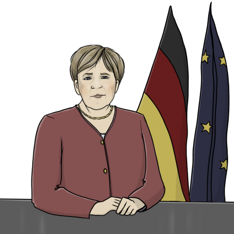 Angela Merkel sitzt vor 2 Flaggen: der deutschen und der europäischen.