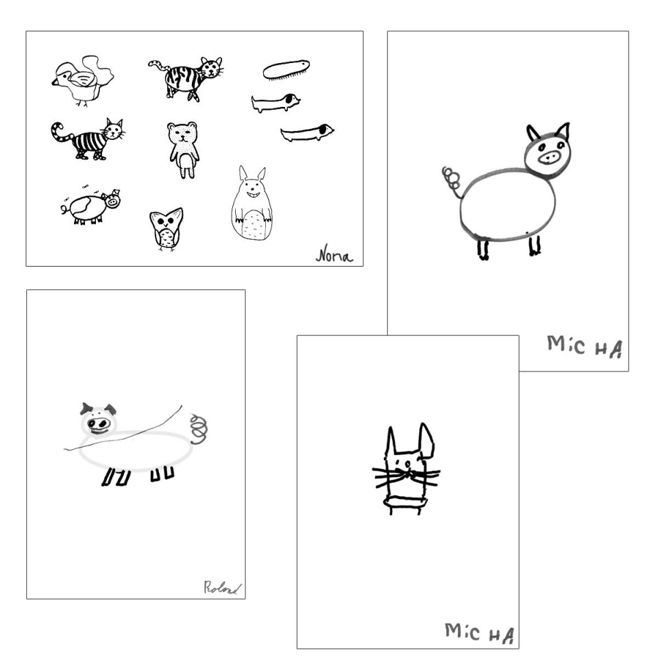 14 Zeichnungen von verschiedenen Tieren.