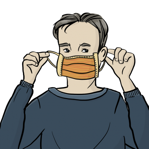 Zeichnung eines Mannes, der sich eine Mund-Nasen-Abdeckung aufsetzt.